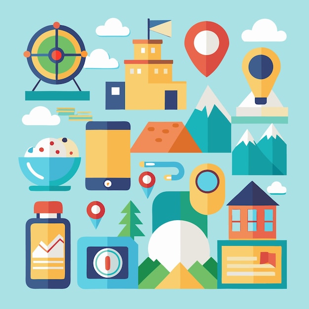 Vector colorful illustration with icons of mountains houses clouds and a cell phone