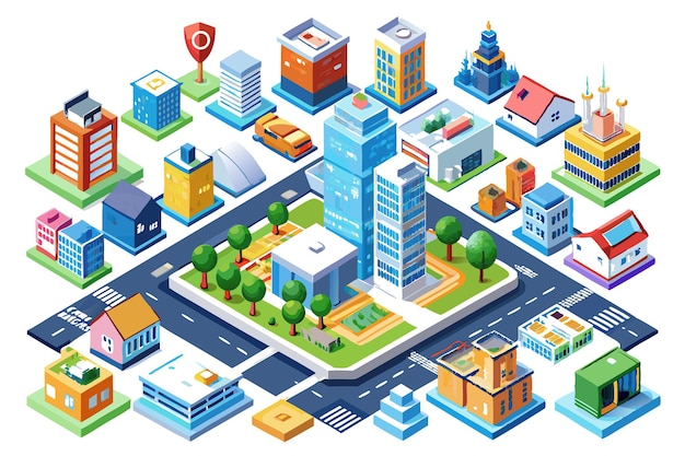 Vector colorful isometric city illustration with buildings cars and trees