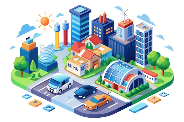 Vector a colorful isometric illustration of a city with buildings cars trees and a bright sun