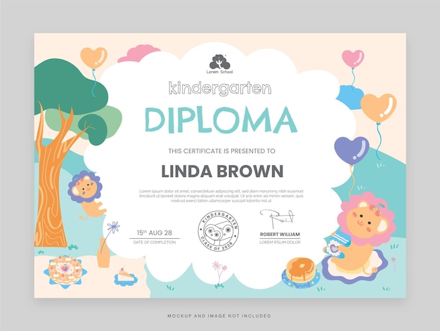 Colorful Kindergarten Diploma Certificate Template in Vector for Kids V2