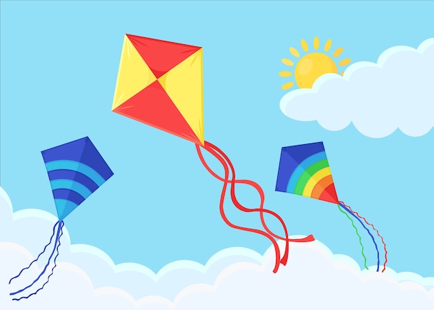 Colorful kite fly in blue sky with clouds. Summer holiday.   