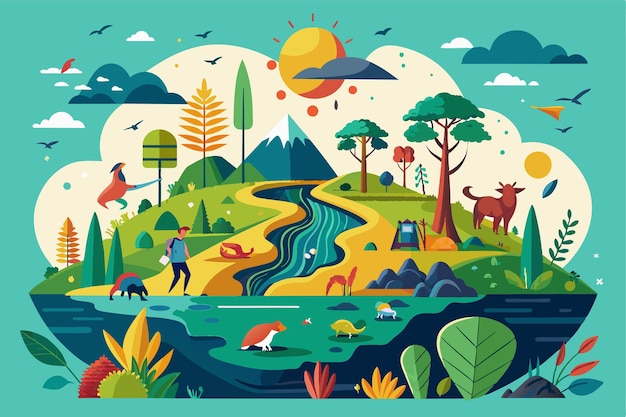 Vector a colorful landscape illustrates the plight of biodiversity featuring diverse plants and animals in natural habitats loss of biodiversity customizable flat illustration