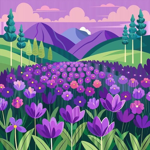 Vector a colorful landscape with purple flowers and mountains