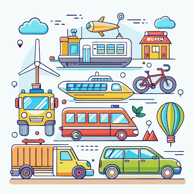 Vector colorful line art illustration of various vehicles a hot air balloon wind turbine and a building