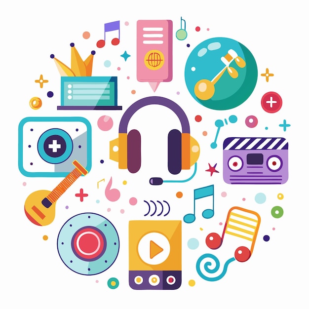 Vector colorful music and audio icons arranged in a circle