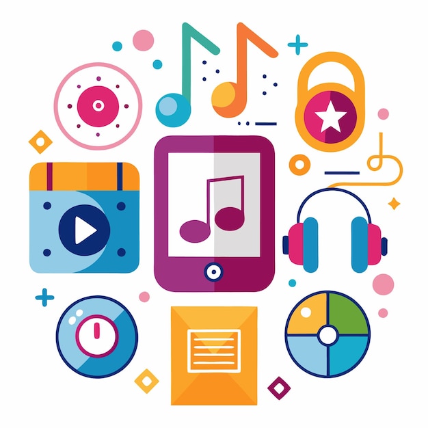 Vector colorful music player with headphones lock and other audio icons