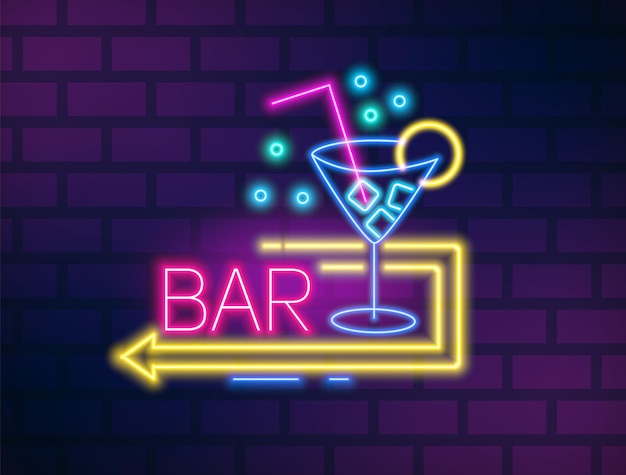 Vector colorful neon bar signboard with martini glass and arrow vector flat illustration. bright glowing party symbol with inscription isolated on brick wall background. nightlife sign with design elements.