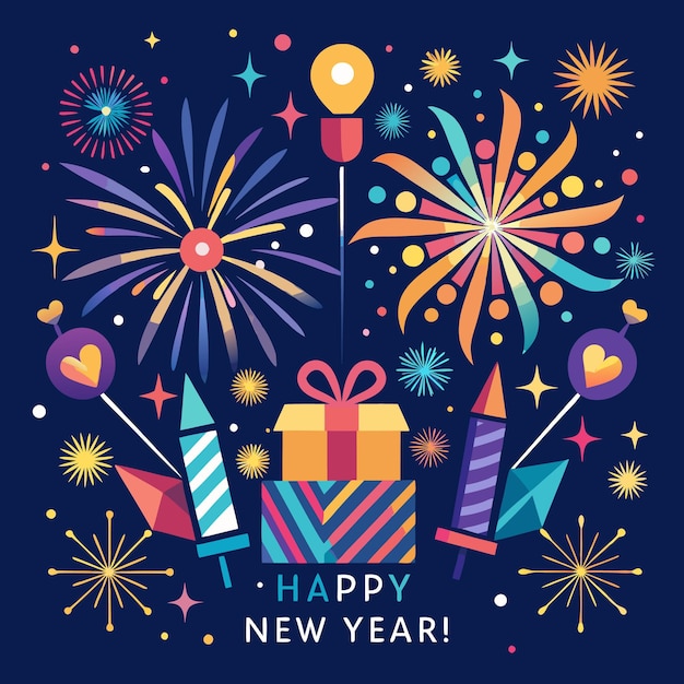 Vector colorful new year celebration illustration fireworks balloons and festive cheer