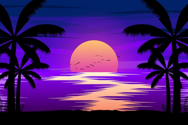 colorful night landscape with sea and palm tree silhouettes illustration