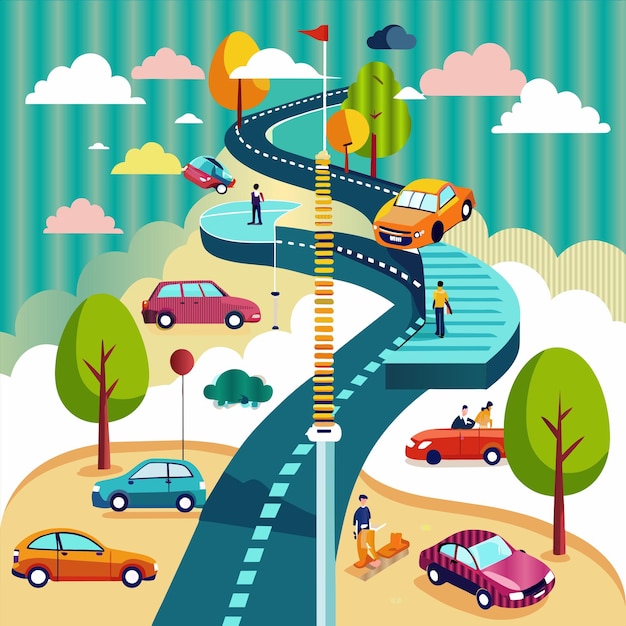 Vector a colorful picture of cars and people on a road with a sky background