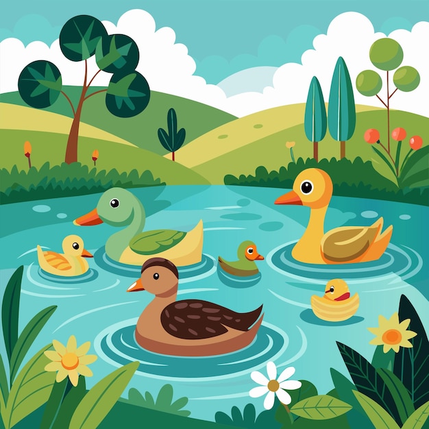 Vector a colorful picture of ducks swimming in a pond