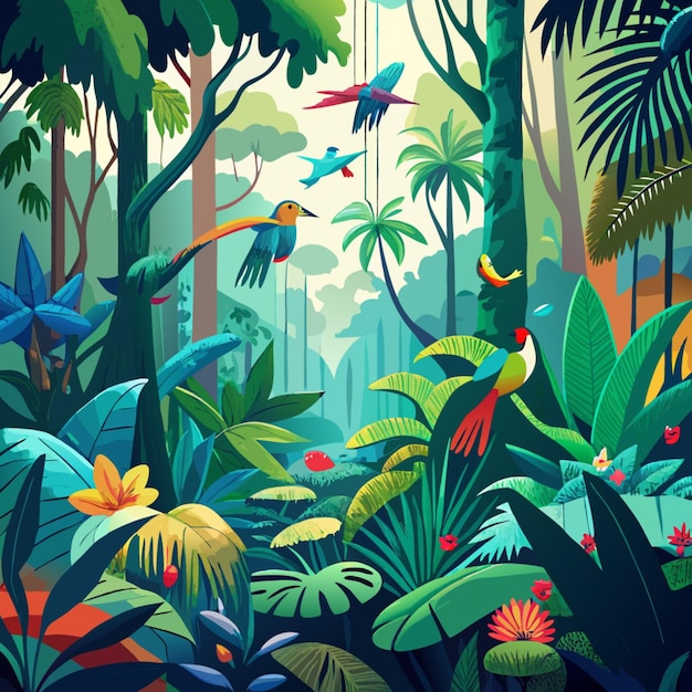 Vector a colorful picture of a forest with birds and plants