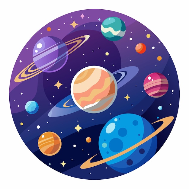 Vector colorful planets and stars in a circular space scene