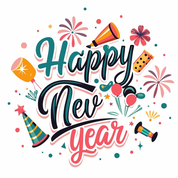 Vector colorful quothappy new yearquot lettering with confetti and party hats