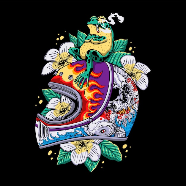 Colorful Retro helmet with skull koi fish and water image with smoking frog sitting on it on leaf and flower background for t shirt design