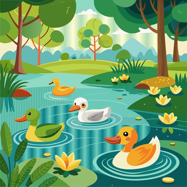 Vector a colorful scene with ducks and trees and a pond with a forest background