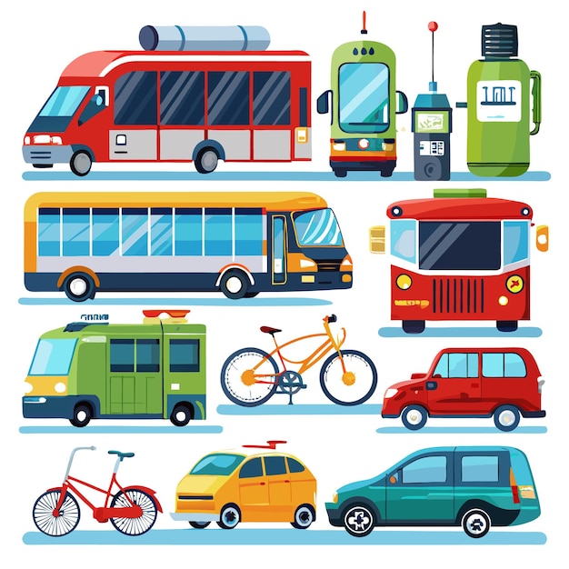 Vector a colorful set of cartoon vehicles including buses cars bikes and a walkietalkie