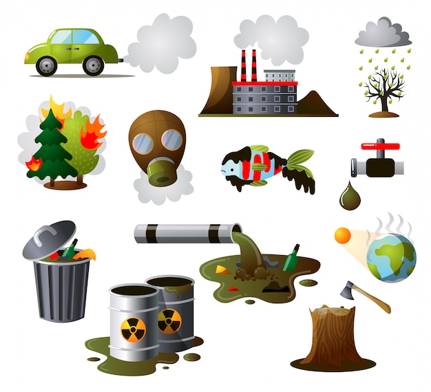 Colorful set of industrial pollutions.   illustration in the flat cartoon style.