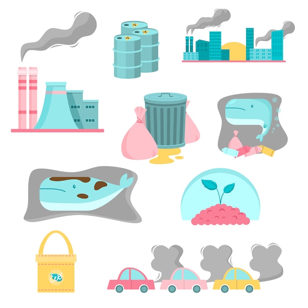 Colorful set of industrial pollutions. illustration in flat cartoon style