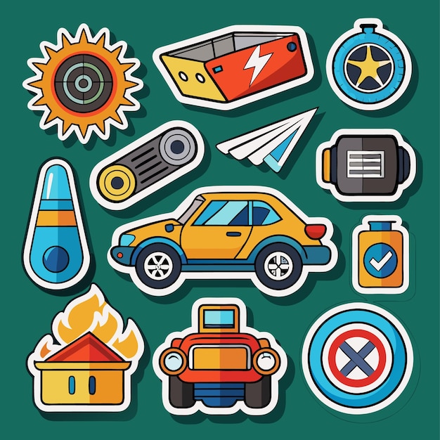 Vector colorful stickers with car fire paper airplane and more