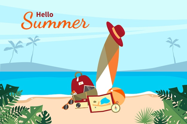 Vector colorful summer background with a beach bag and surfboard