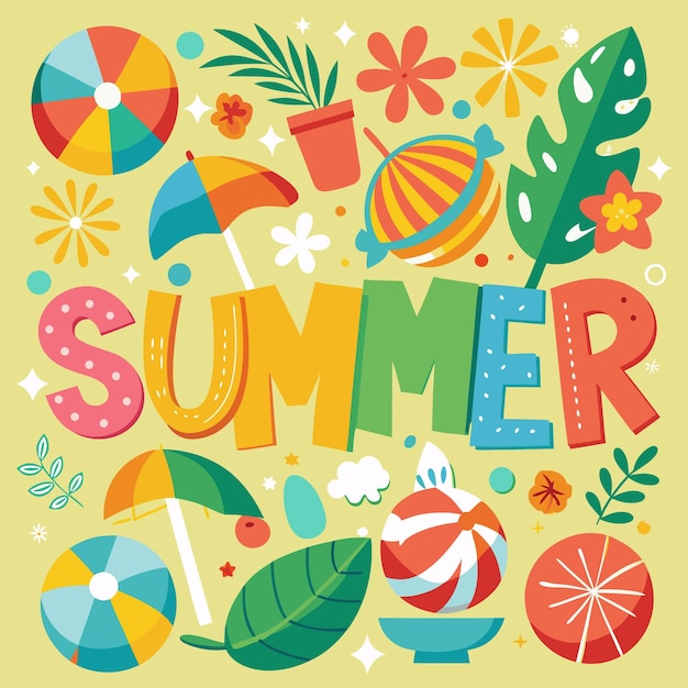 Vector colorful summer illustration with beach balls and flowers