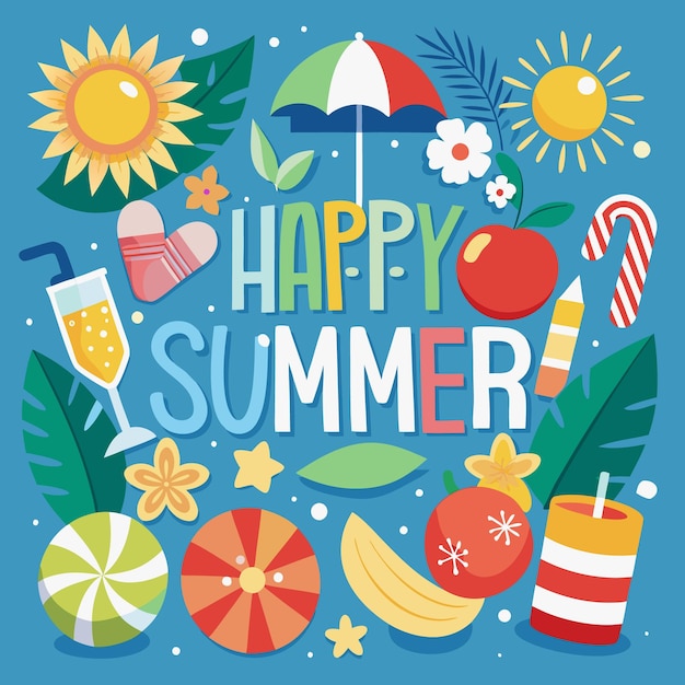 Vector colorful summer illustration with sun beach ball flowers and drinks