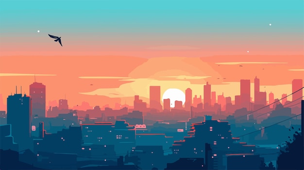 Vector a colorful sunset with a city in the background