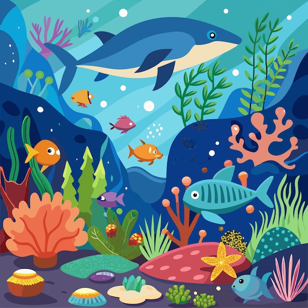 Vector colorful underwater marine life on coral reefs