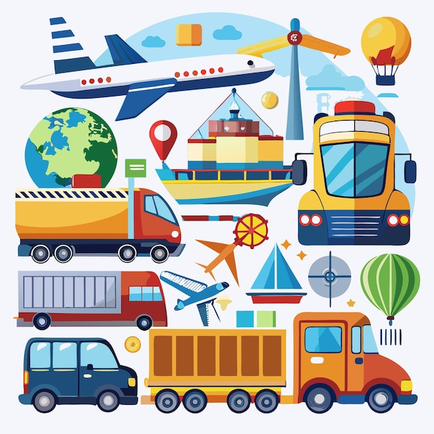 Vector colorful vehicles and transportation icons