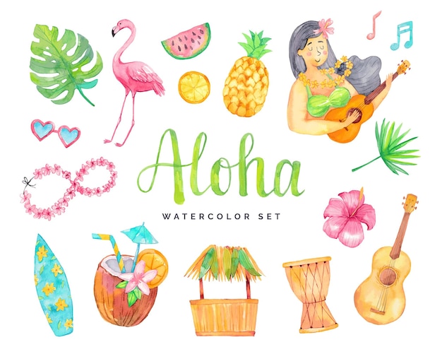 Colorful watercolor hawaiian elements set