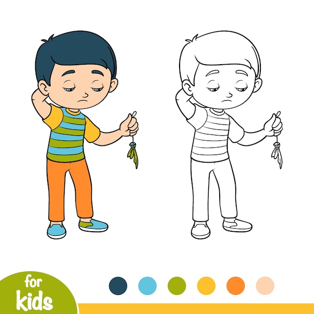 Vector coloring book for children, sad boy hold burst balloon