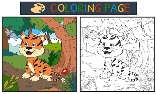 coloring page or book with cute tiger and dragonfly in the forest