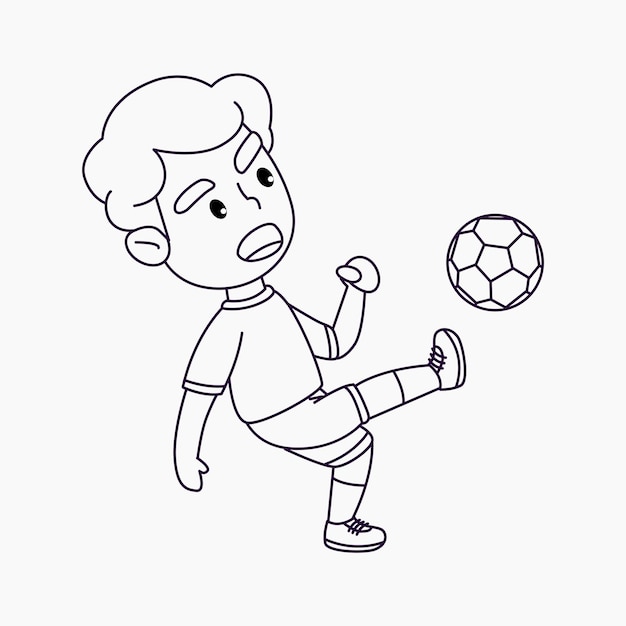 Coloring page cute boy playing soccer happy boy kicking the ball cartoon vector illustration