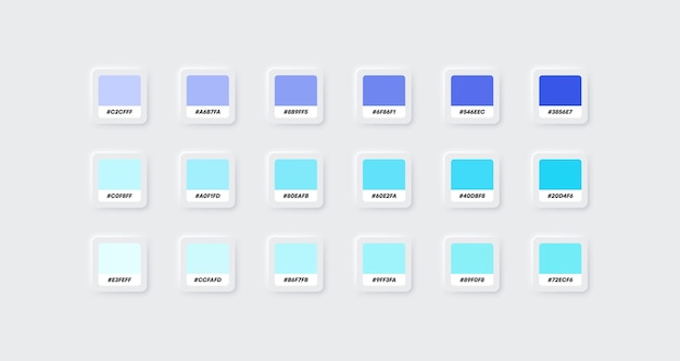 Colour palette catalog samples blue and cyan in RGB HEX Neumorphism style Vector EPS 10