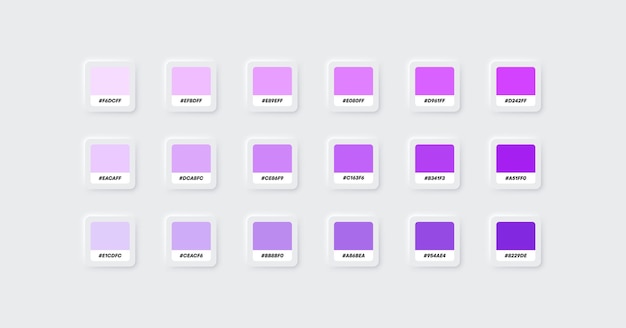 Colour palette catalog samples purple and violet in RGB HEX Neumorphism style Vector EPS 10