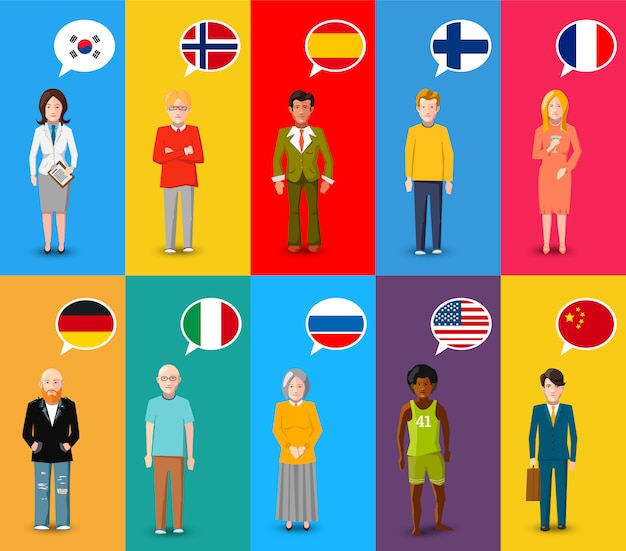 Colourful characters with speech bubbles with different countries flags in flat design style