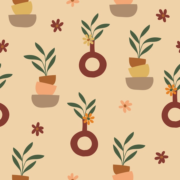 Colourful Seamless pattern with decorative flowers and leaves in vaseModern style pot cupVector illustration EPS10