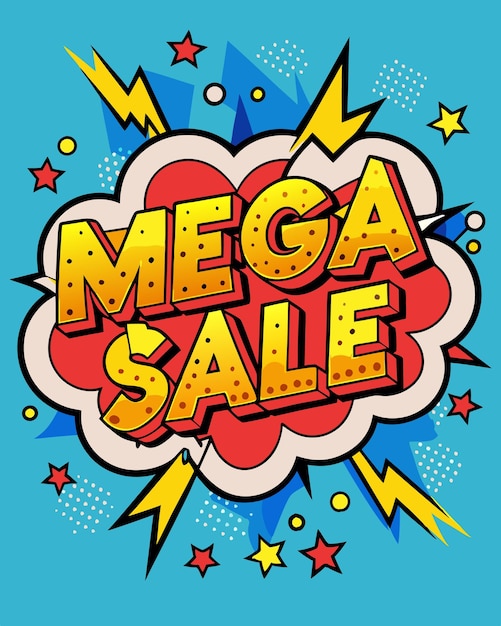 Vector comic bookstyle vector template with mega sale in speech bubbles thunder sign bold colors