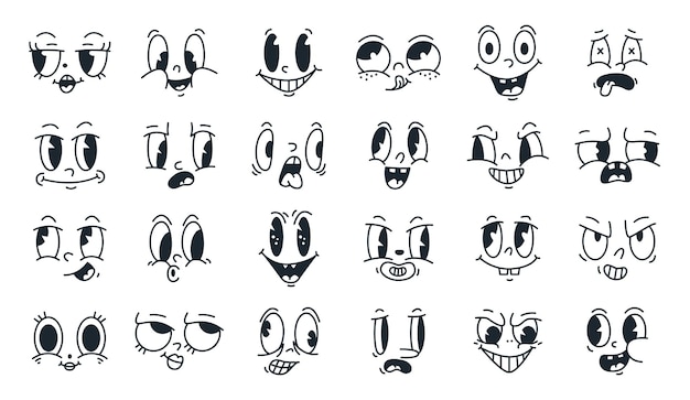 Comic funny faces retro caricature emoji characters cartoon doodle faces flat vector illustrations