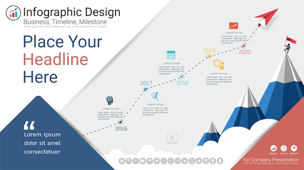 Vector company time line with process flowchart 5 options