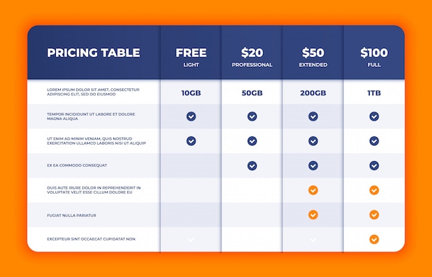 Comparison table. Price chart template, business plan pricing grid, web banner checklist design template.