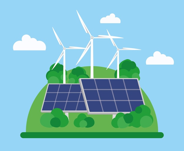 Composition on the topic of alternative energy. Wind turbines and solar panels. Vector illustration.