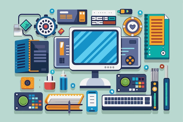 Vector a comprehensive guide features computer hardware components tools and accessories arranged neatly for easy reference and understanding