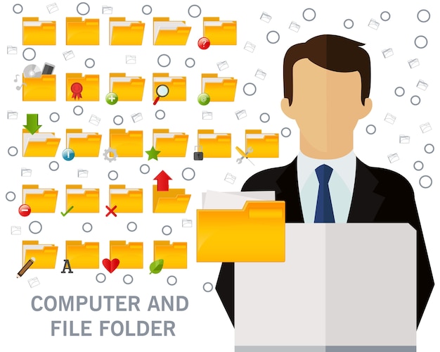 Vector computer and file folder concept background. flat icons. 