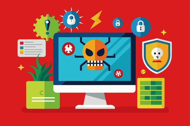 Vector a computer screen displays a malware virus attack with icons representing security threats protective symbols and a warning of potential data loss