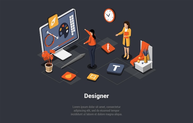 Vector concept of 3d design and freelance work creative team of graphic designers female characters are making mock up of item on computer school for web design isometric 3d cartoon vector illustration