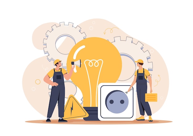 Vector concept of electricity two workers in helmets in front of light bulb men repairing outlet danger and