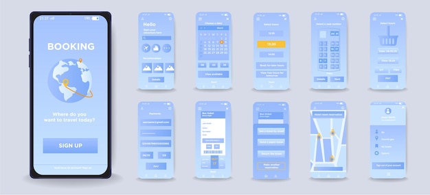 Vector concept of smartphone booking interface in flat design blue design of app screens for booking