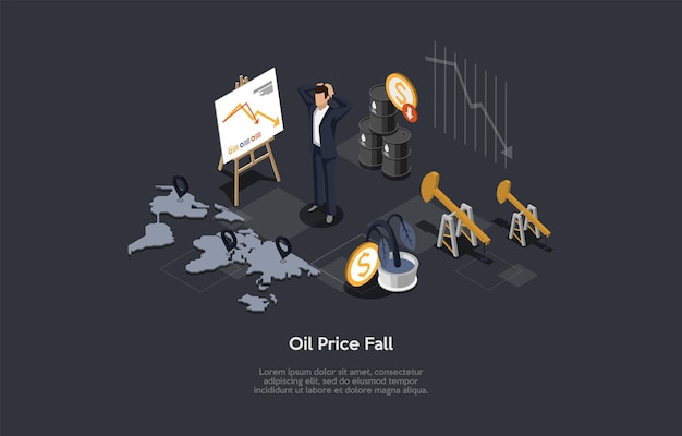 Conceptual Illustration With Text. Isometric Vector Composition. Cartoon 3D Style Design. Oil Price Fall, Shocked Businessperson Standing. Graph Arrow Falling, World Map, Money Related Infographics